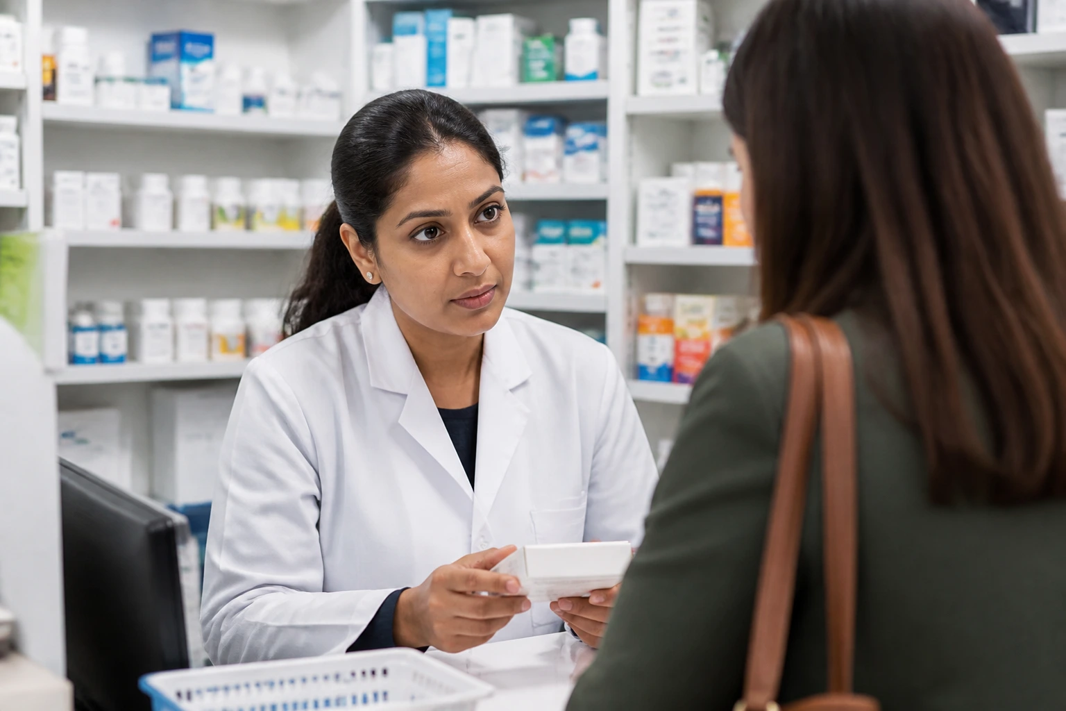 Community pharmacist at a busy high-street counter