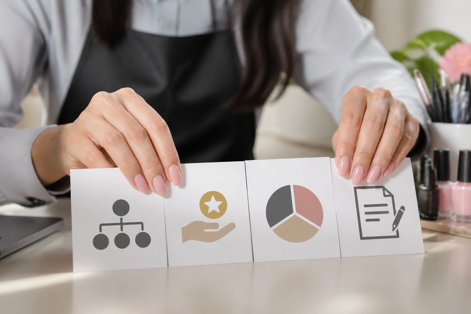 Close-up of hands arranging blank pages with abstract symbols to imply compensation models in a salon context