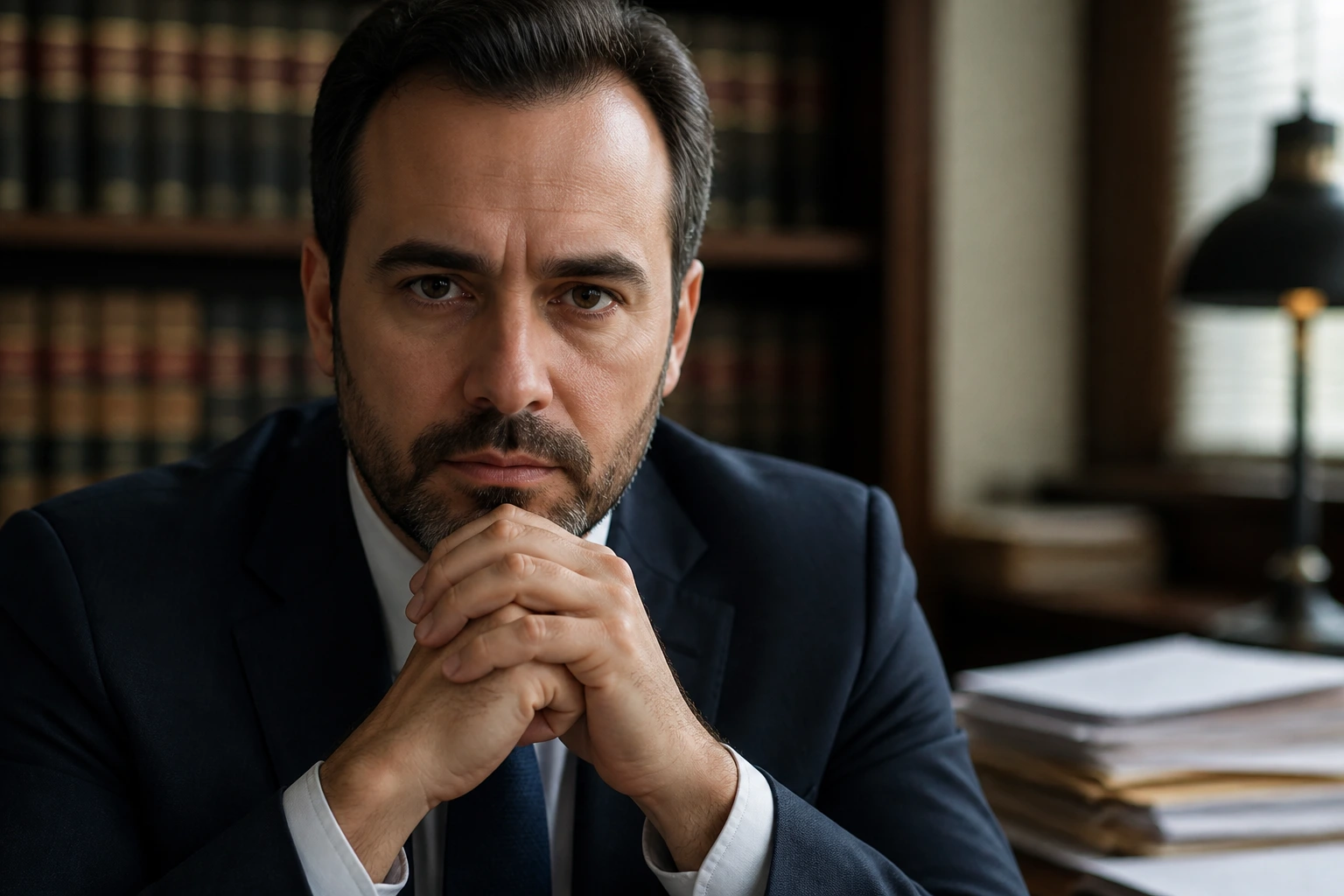 Serious portrait of a client in a law-office setting facing complex visa issues