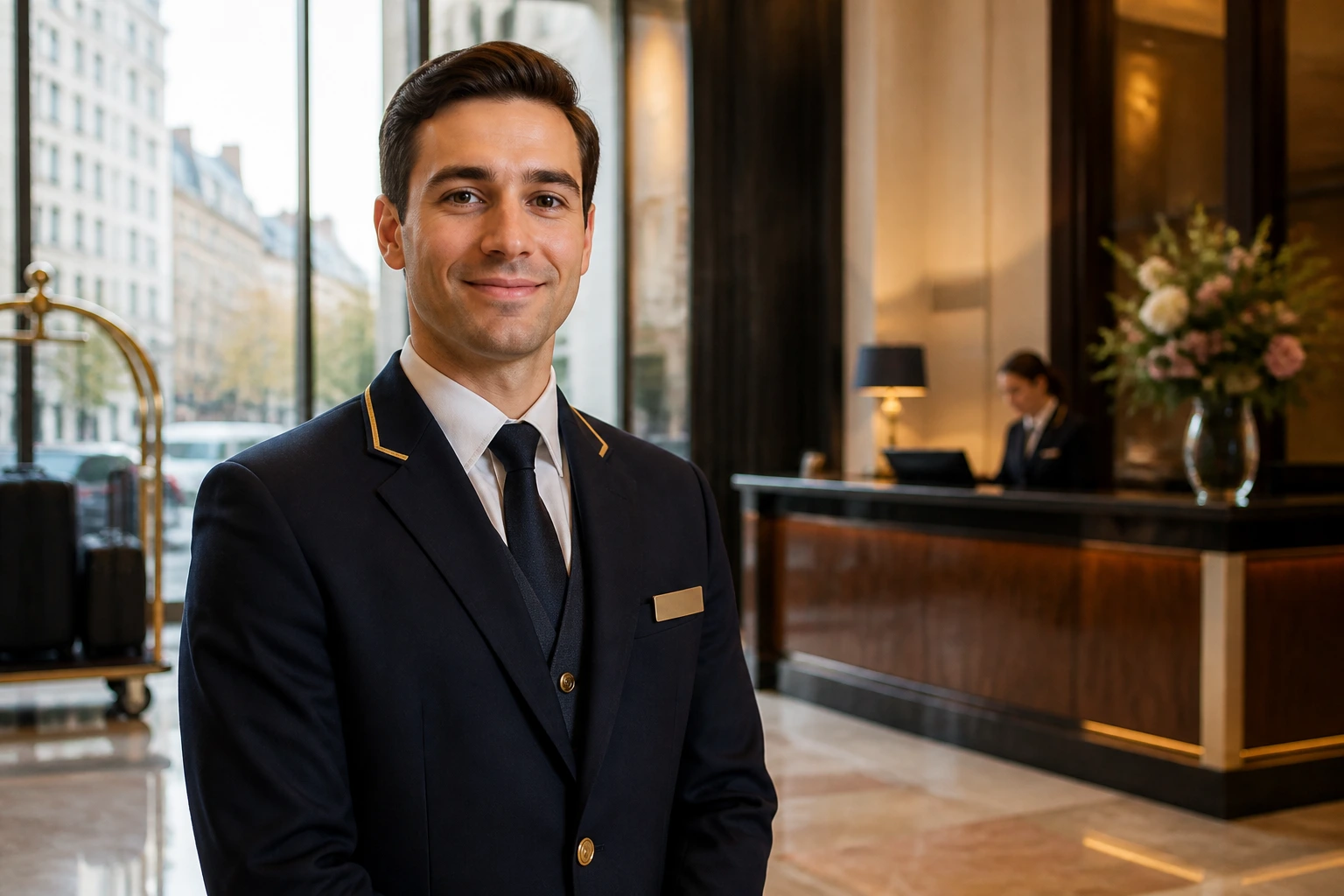Concierge in a UK hotel lobby, ready to assist guests