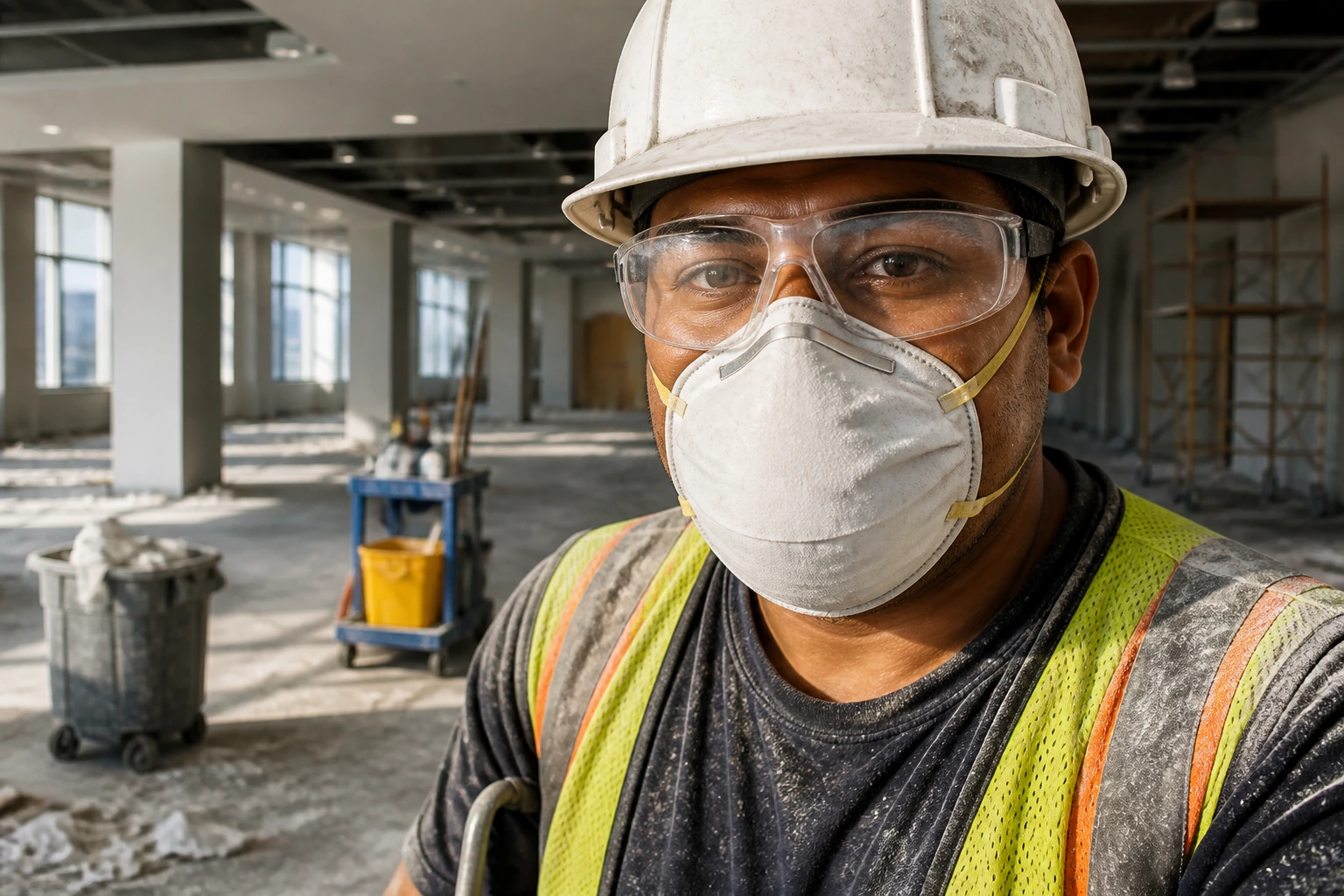 Construction cleaner in PPE inside a partially finished interior