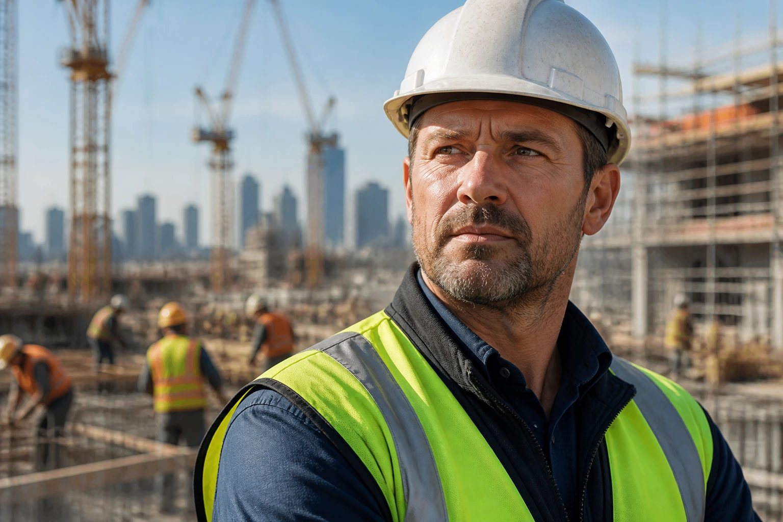 Close-up portrait of a construction site supervisor on a busy Australian site with cranes in the background