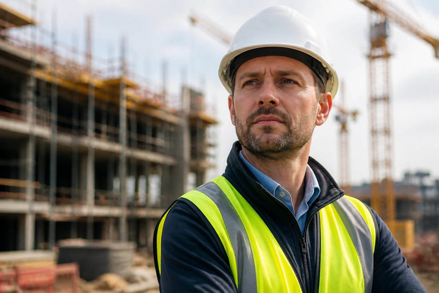 Close-up of a construction professional in PPE on a site with scaffolding