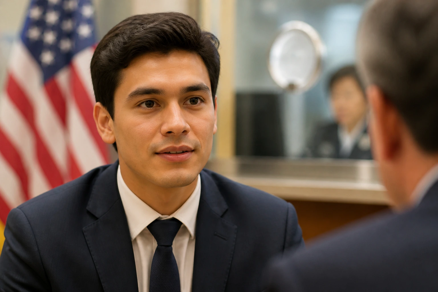Close-up portrait of a person in a consulate interview setting