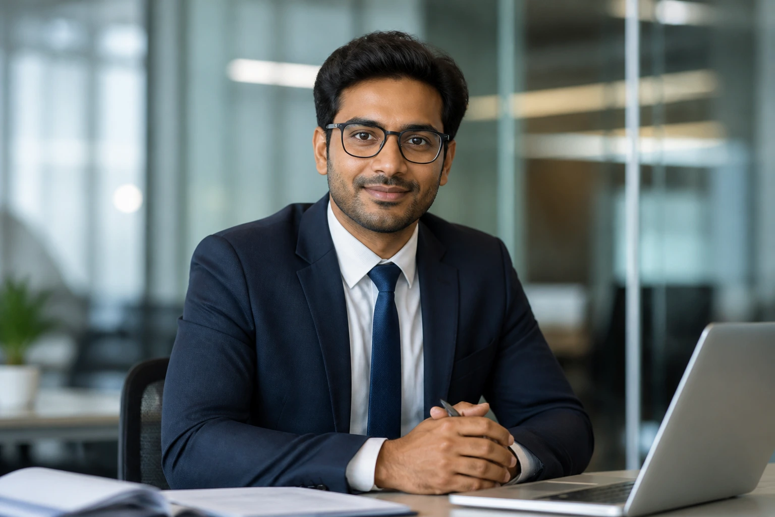 Close-up portrait of a senior consultant in a corporate office setting.