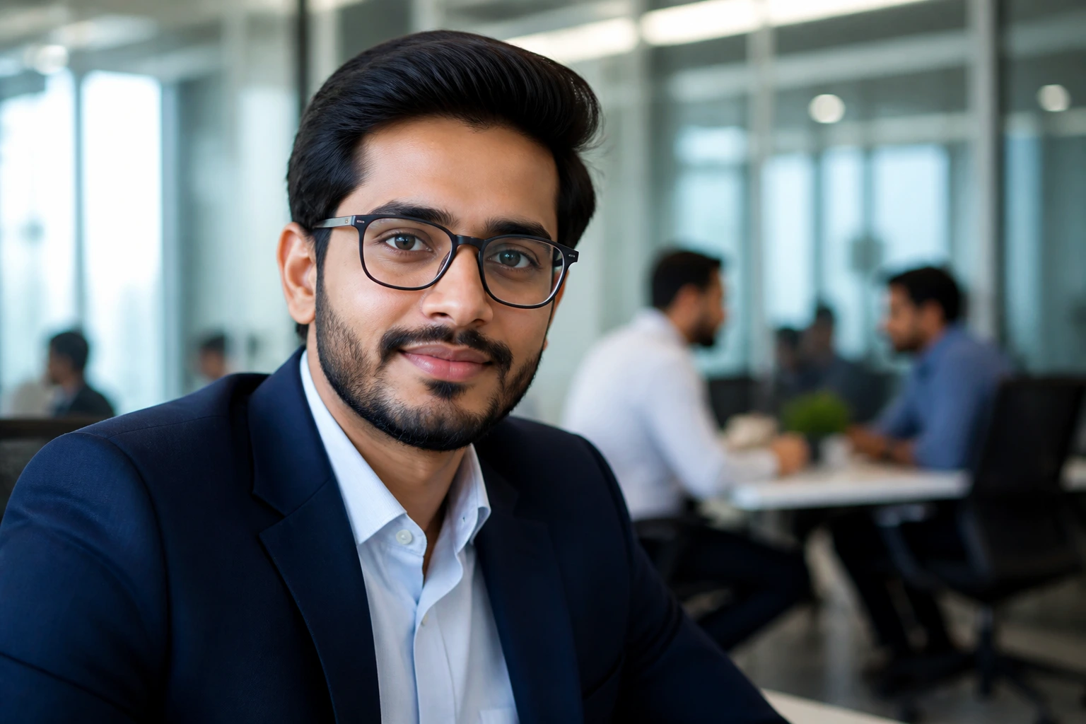 Close-up portrait of a Cognizant consultant in a modern office setting.