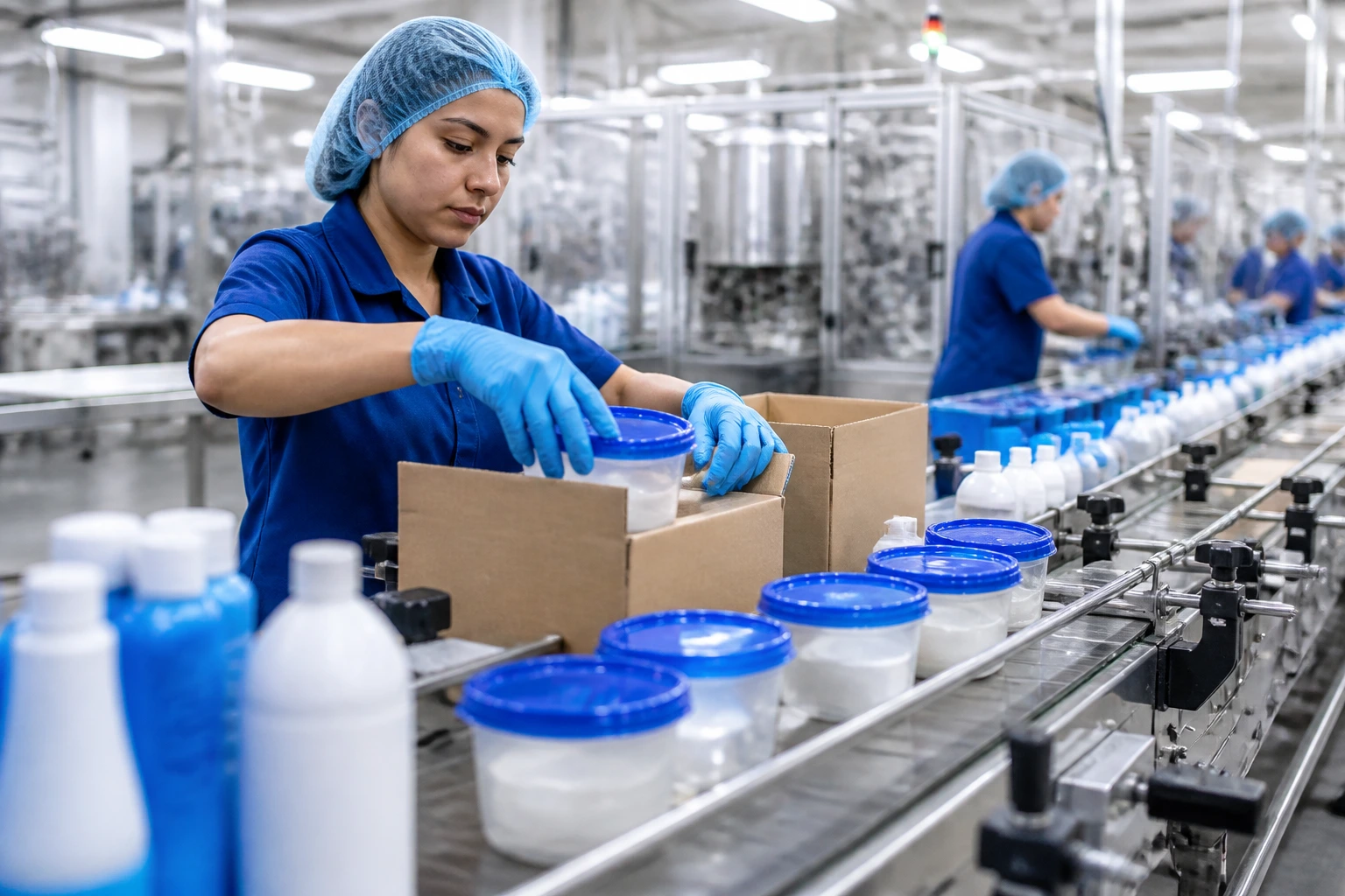 Close-up of a worker packaging consumer goods on a manufacturing line