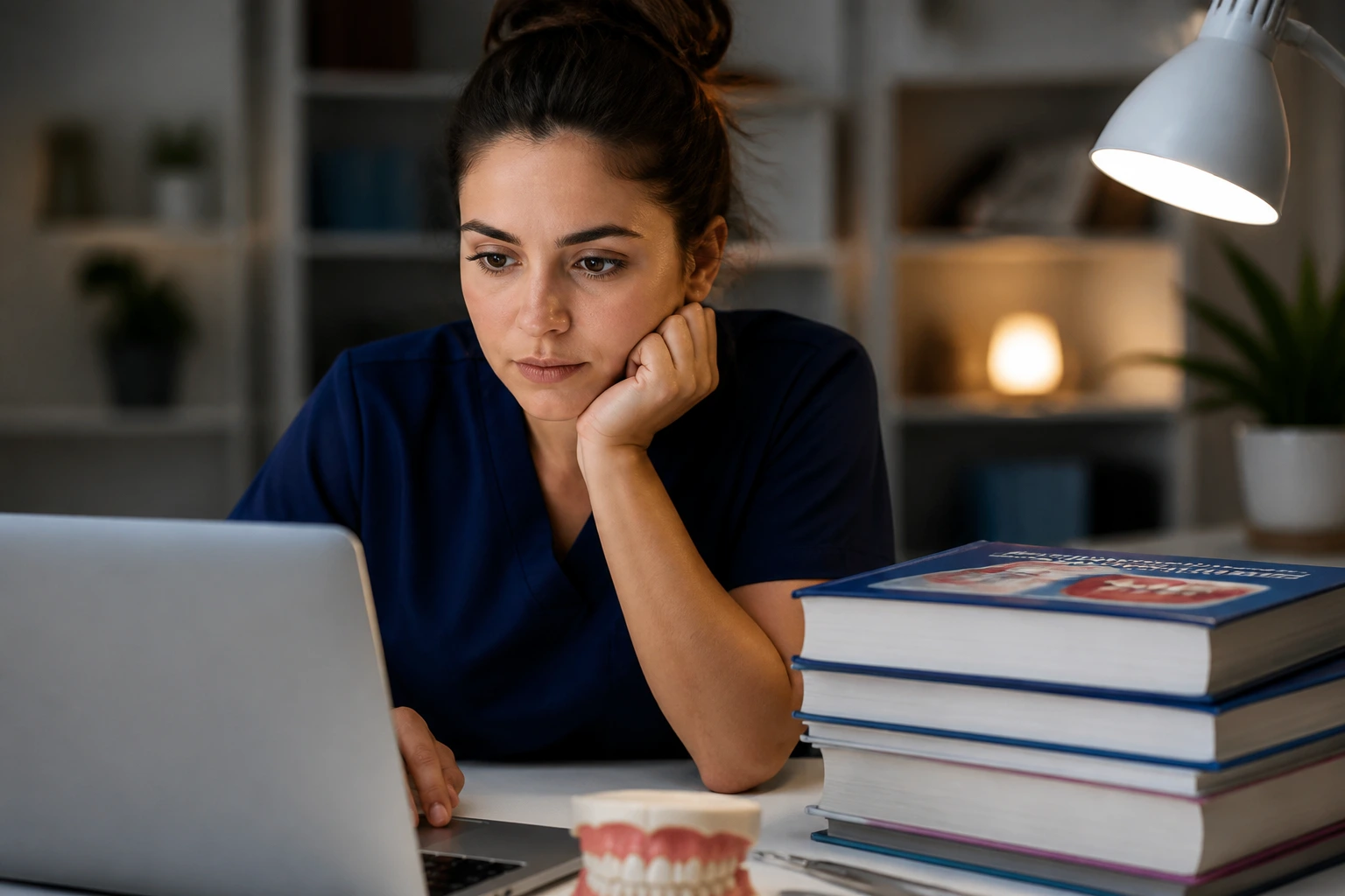 Close-up of adult learner studying continuing education with books and laptop