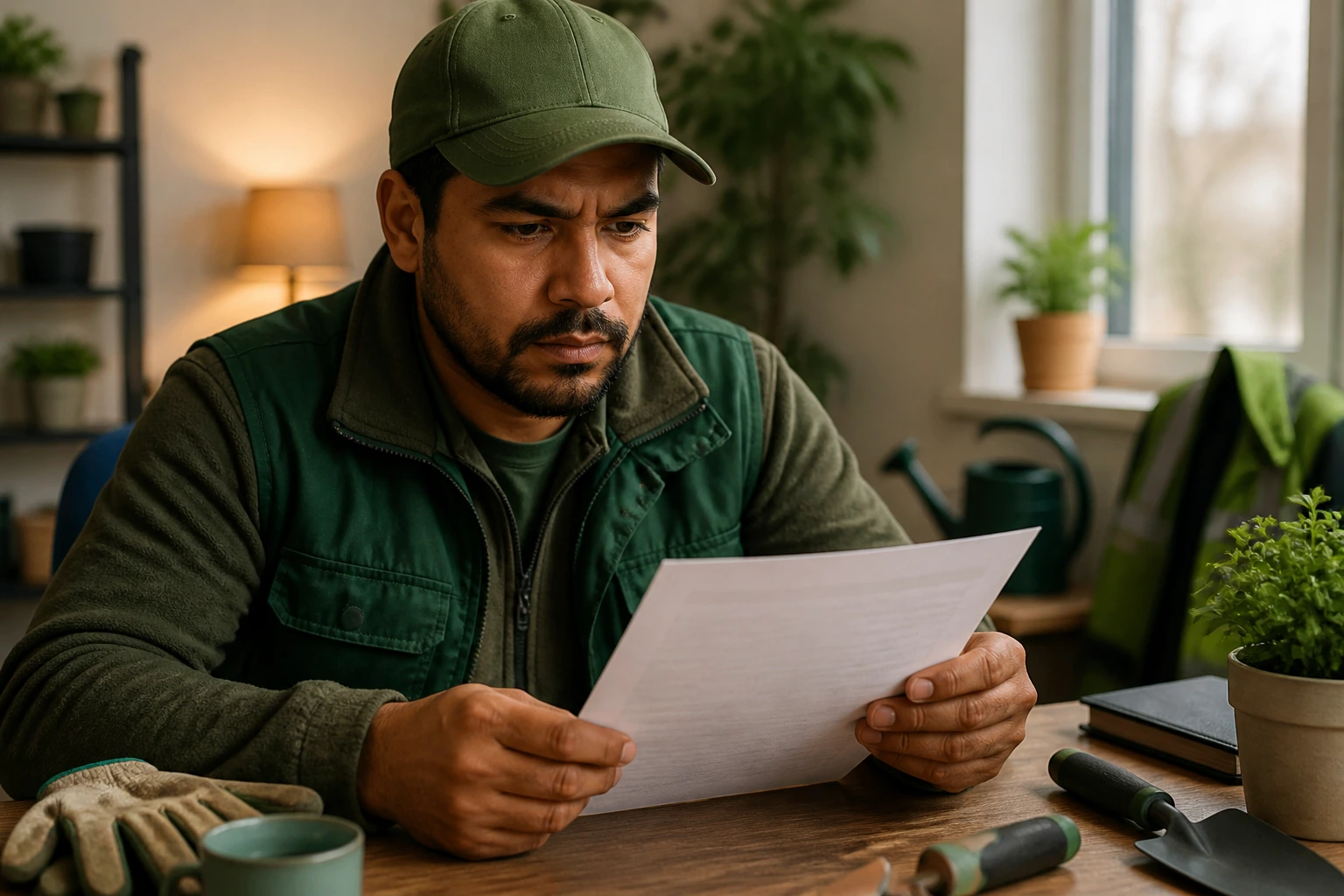Gardener reviewing contract details at a desk with warm lighting