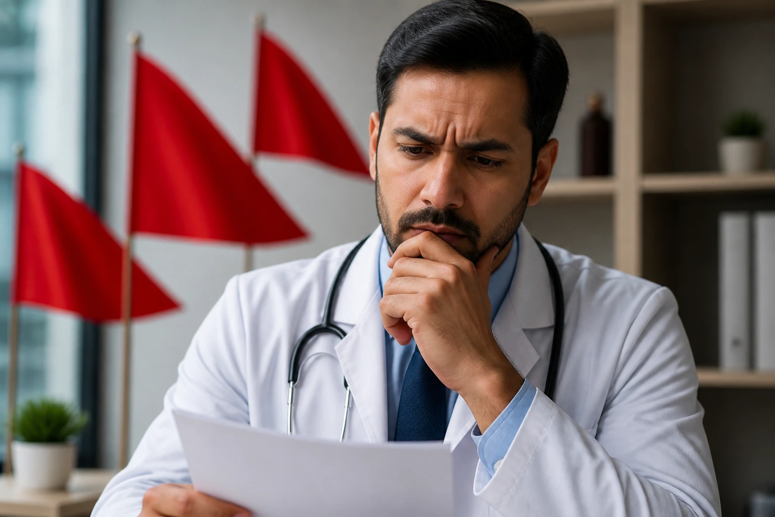 Physician in an office with abstract red flags in the background