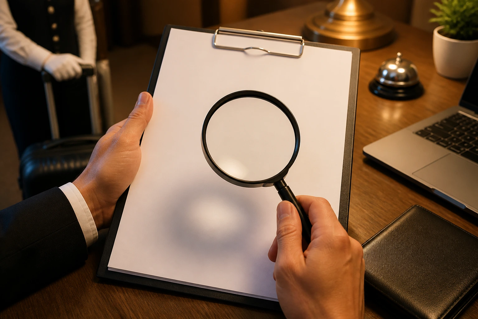Hand with magnifying glass over a blank contract page in an office