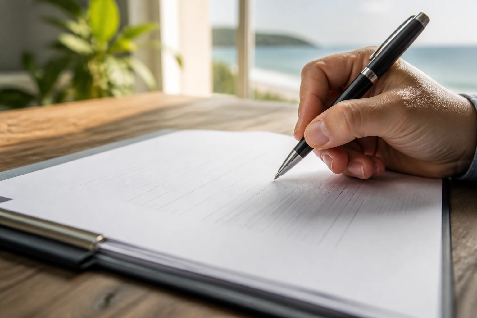 Close-up of a blank contract page and hand with a pen, illustrating sponsorship terms review
