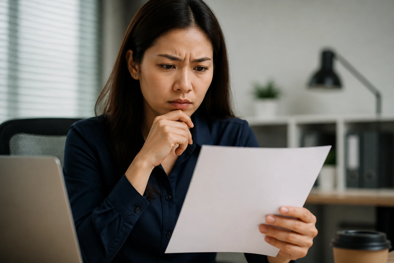 Person reviewing a contract with a cautious expression in an office