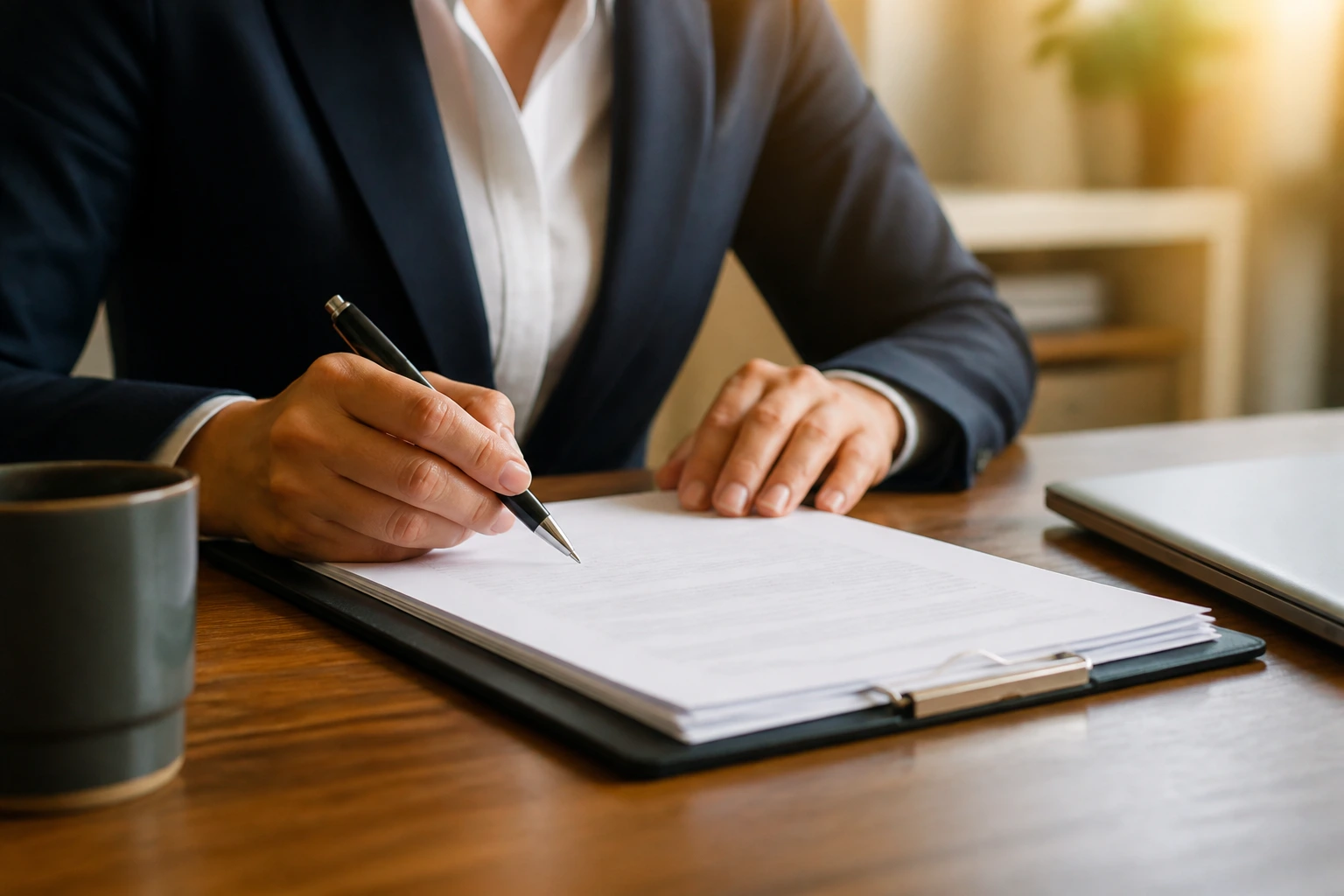 Close-up of hands reviewing a contract document under warm light.
