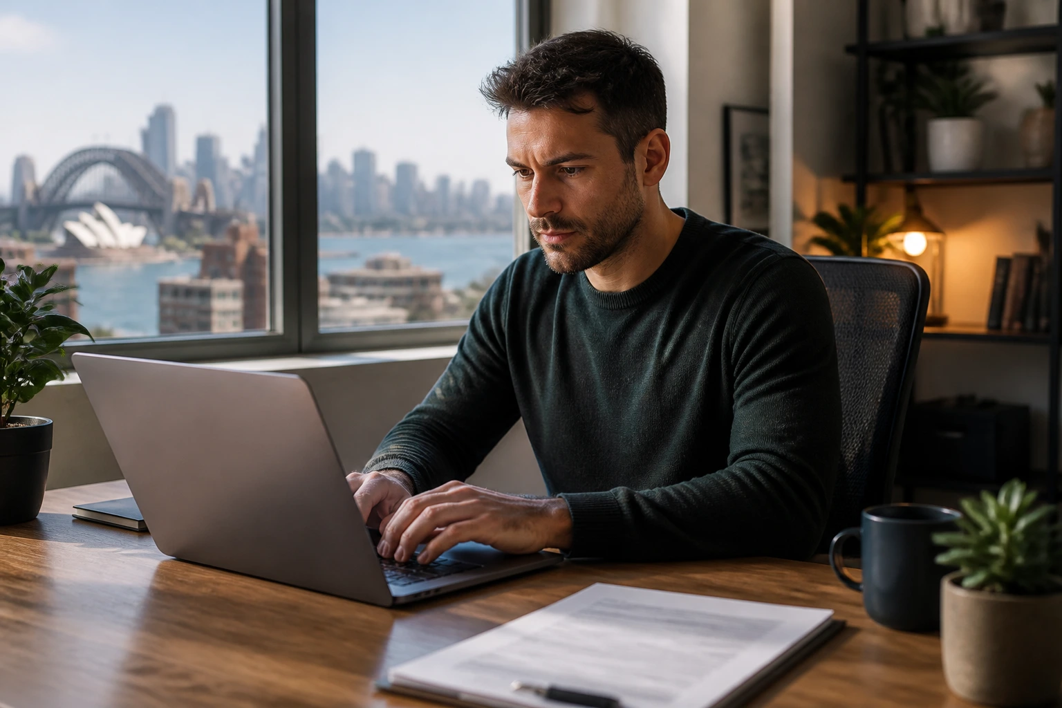 Close-up of a cybersecurity professional at a desk typing on a laptop in a home-office setting