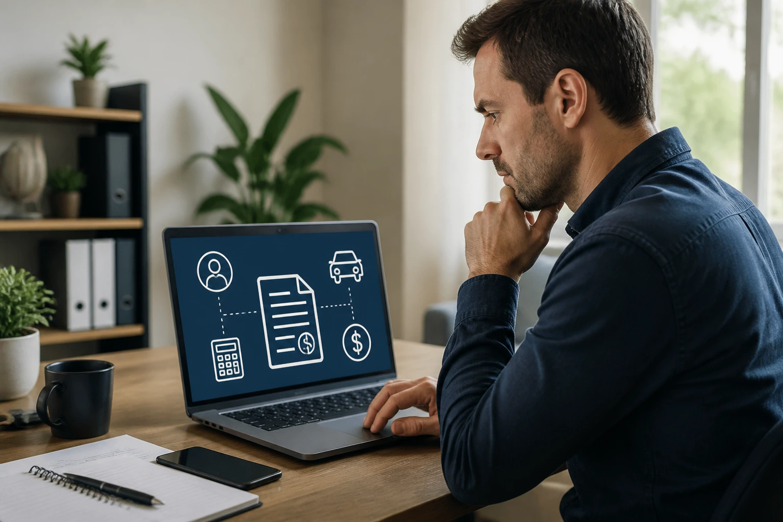 Portrait of a driver navigating contractor invoicing setup in a home office