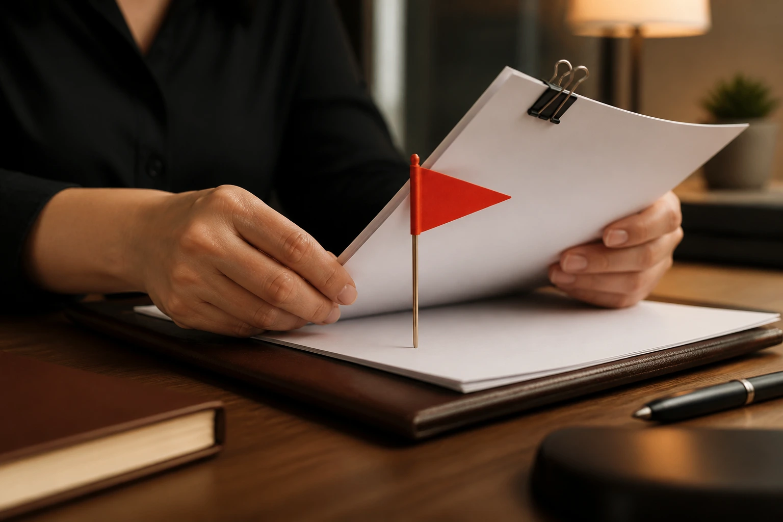 Hands reviewing a contract with a red flag marker on the page