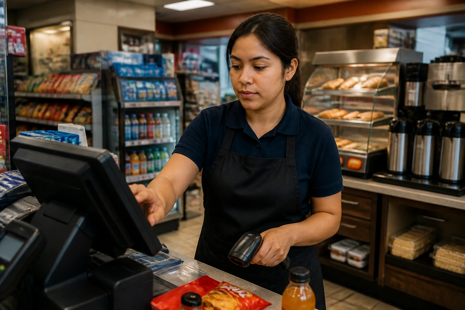 Portrait of a convenience store worker at the counter performing cashier and stocking duties