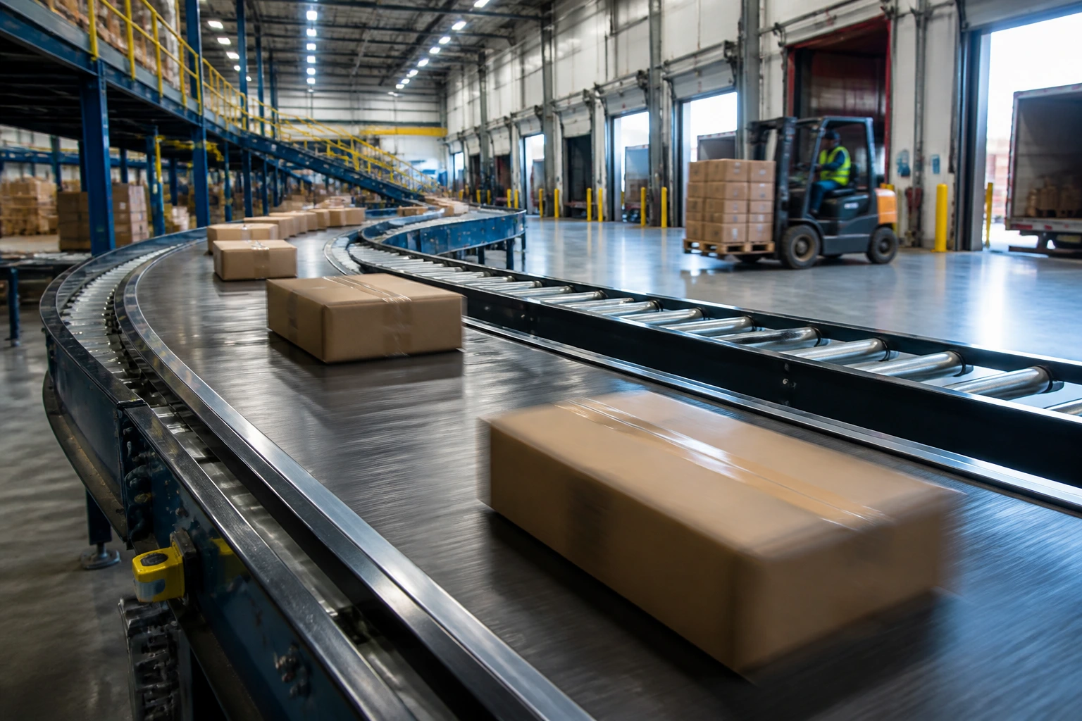 Close-up of a conveyor belt with moving cartons in a warehouse, emphasizing the belt and dispatch area