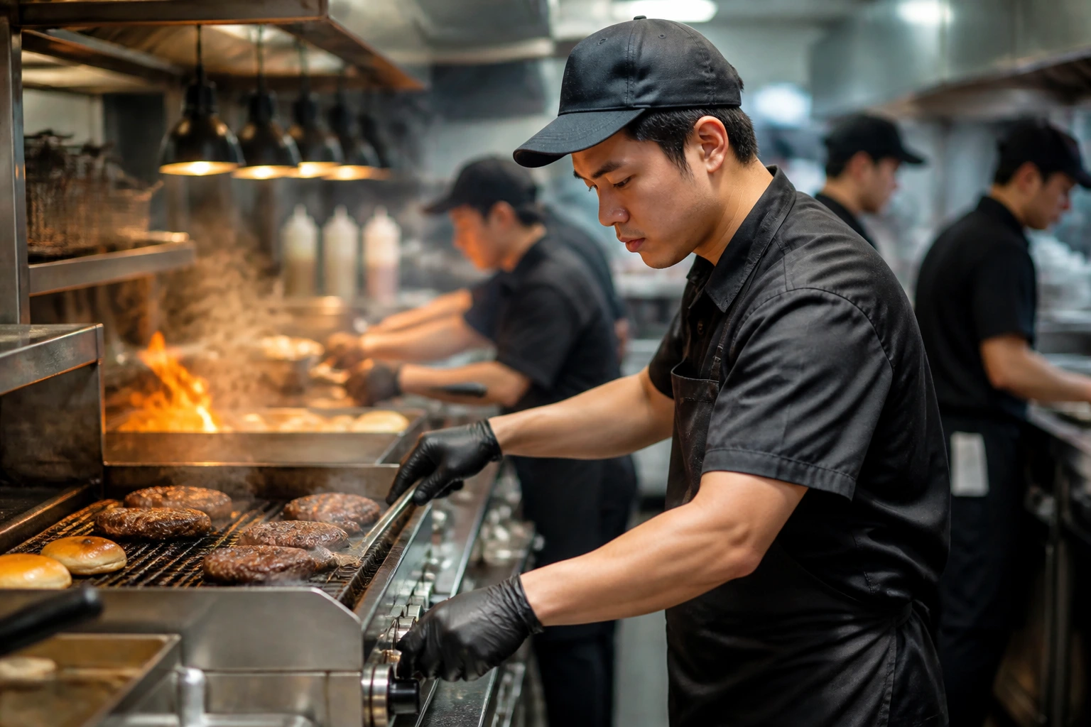 Real cook at grill station with captain cap in a busy kitchen