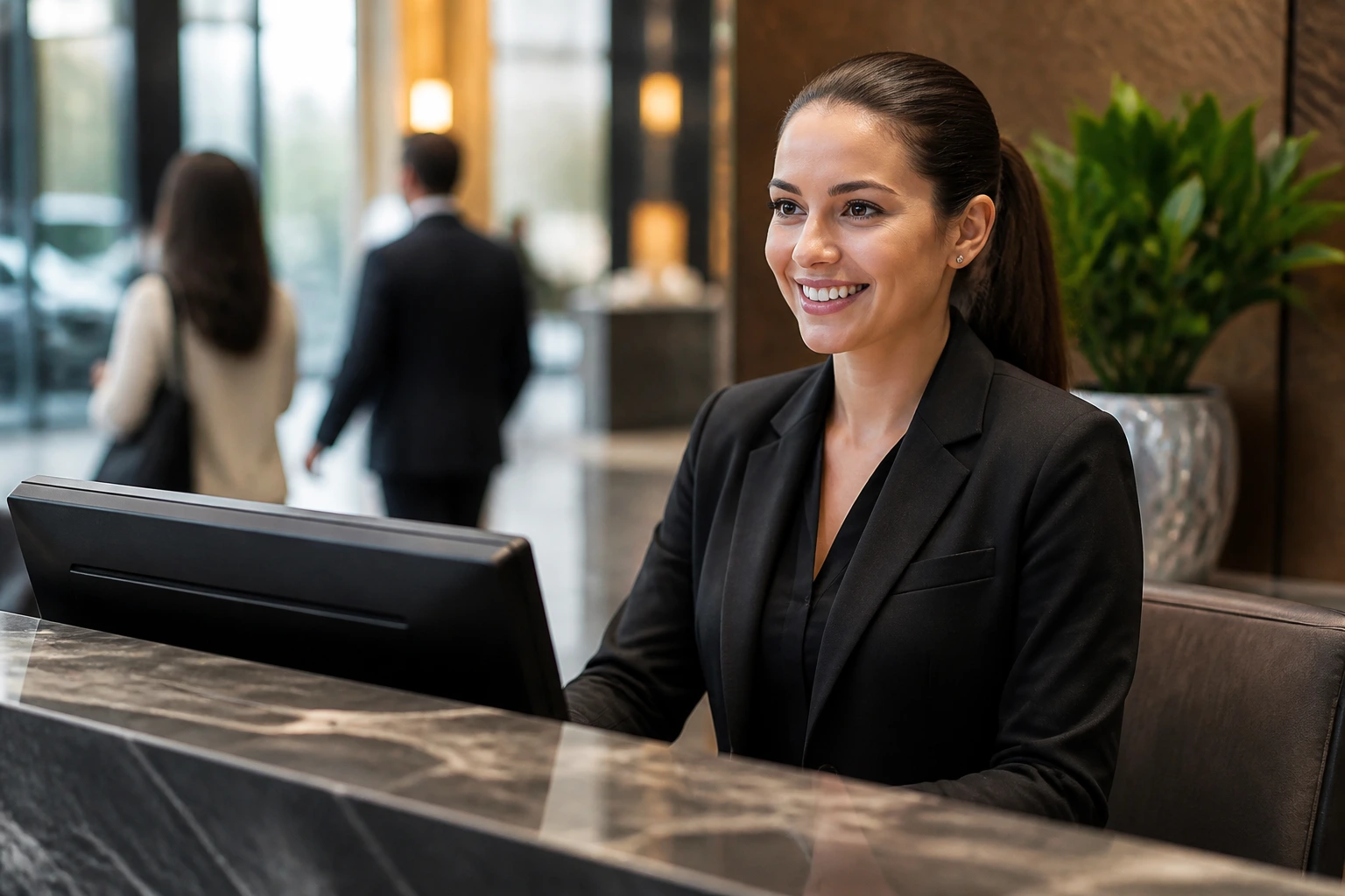 Front desk receptionist in a corporate lobby or luxury apartment