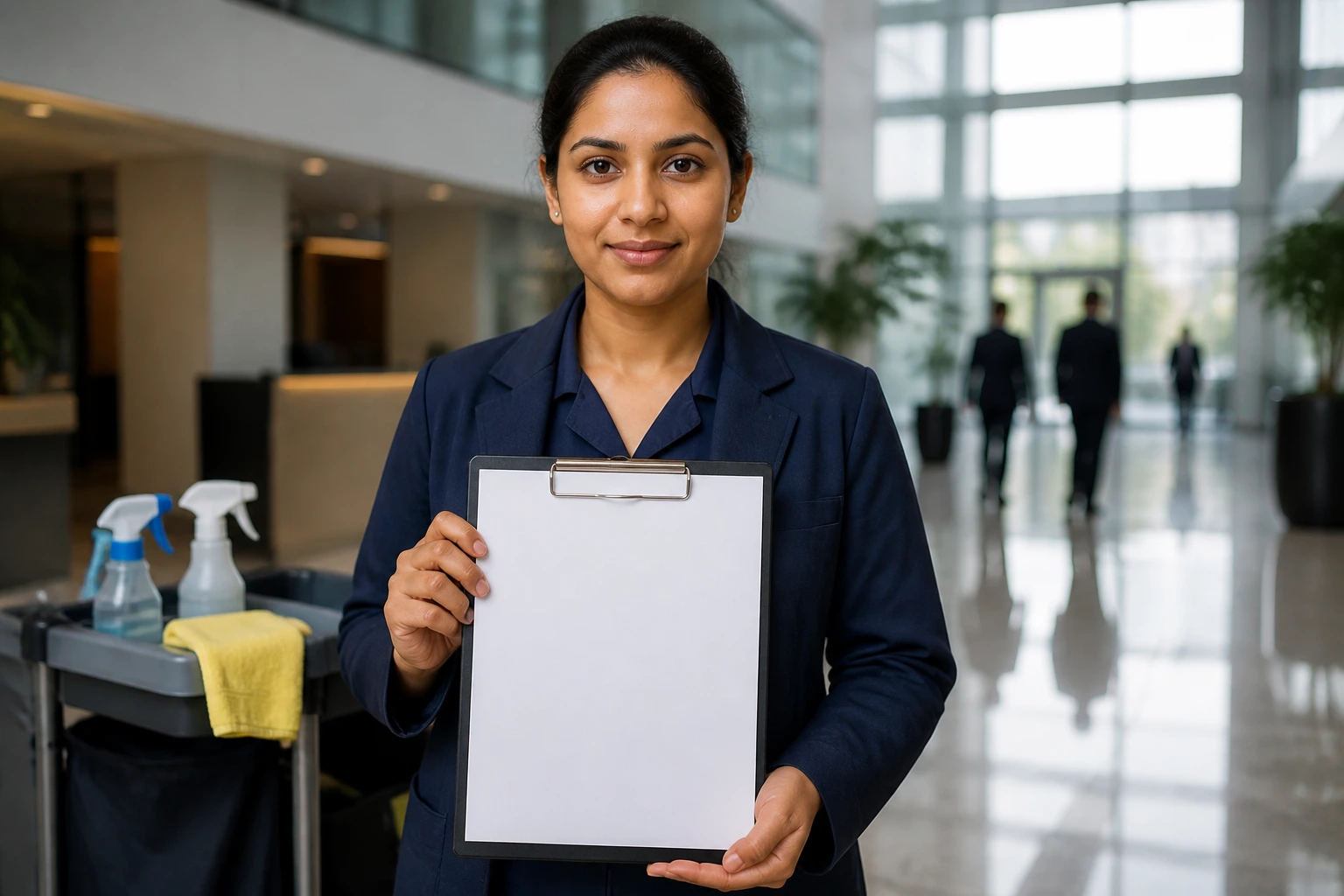 Medium close-up of a cleaner with a clipboard in a corporate lobby