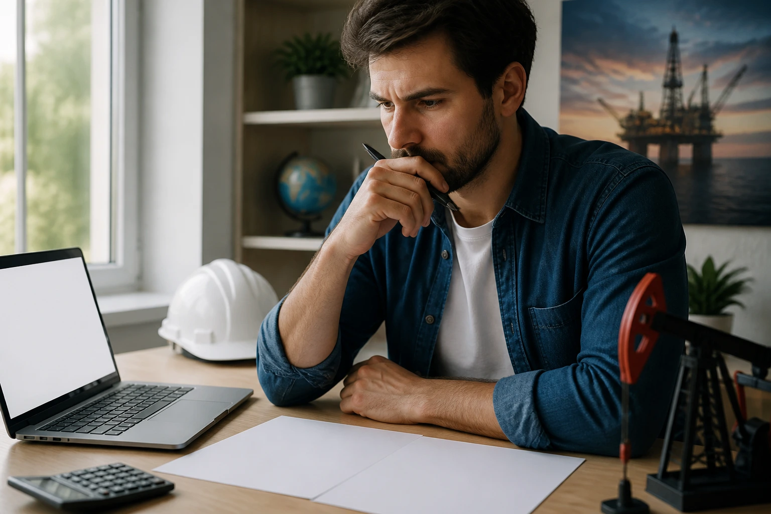 Engineer evaluating cost of living and net income with a blank-screen laptop.