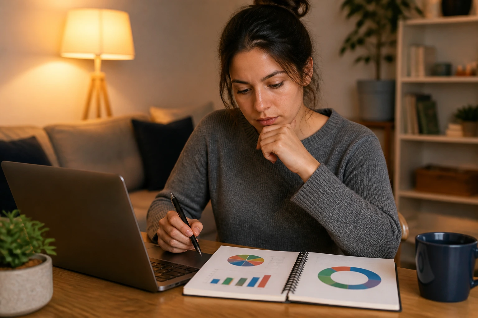 Person evaluating living costs and salary considerations at home with abstract graphs.