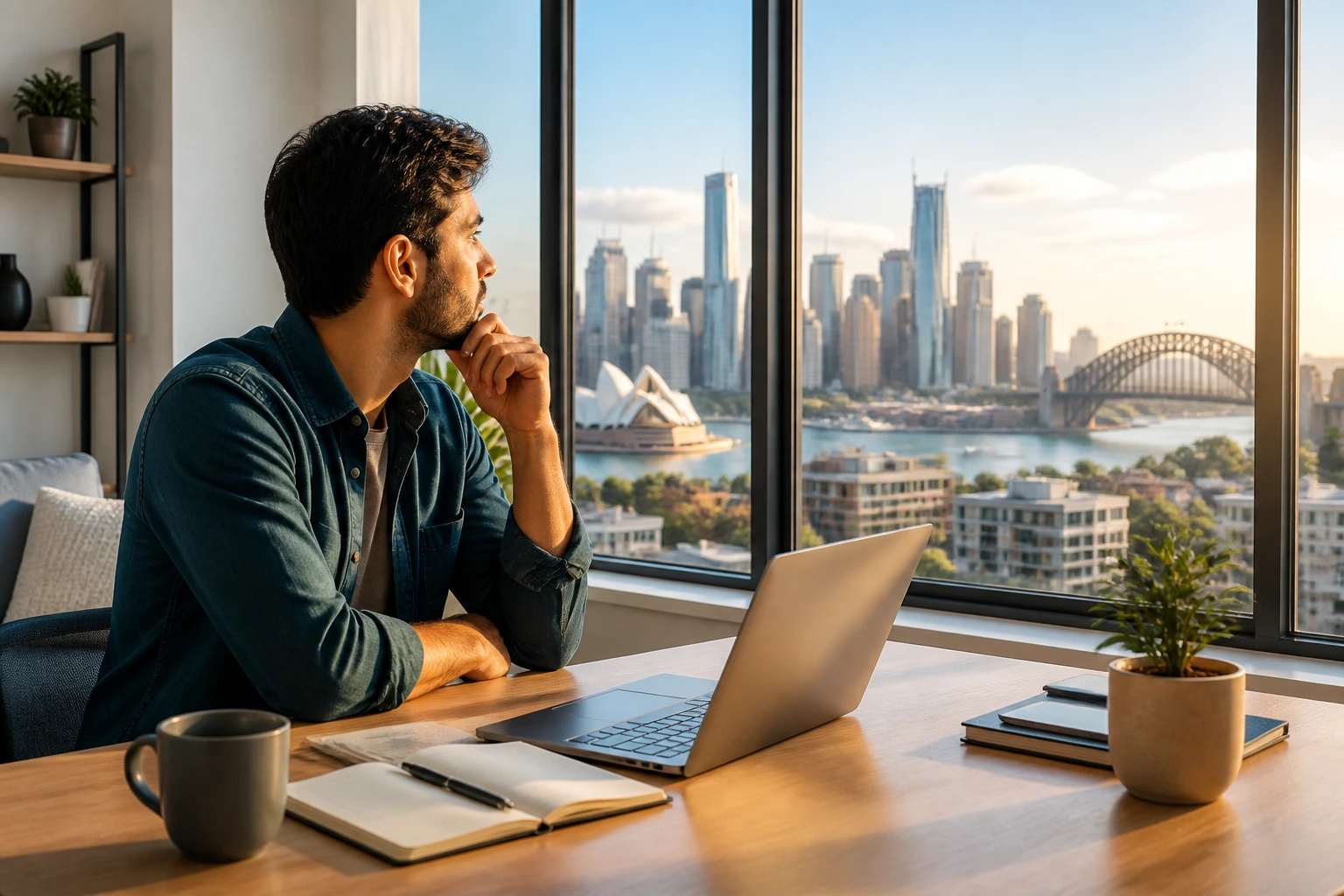 Person contemplating cost of living in a city apartment with skyline view