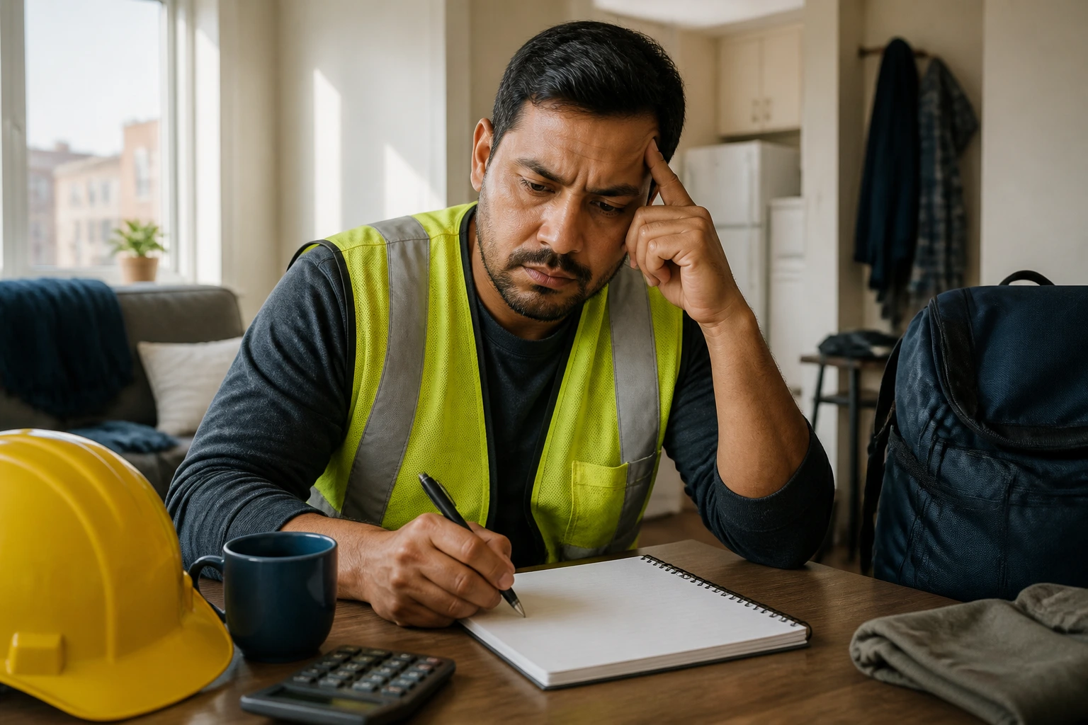 Construction worker planning finances for moving to Canada in a modest home