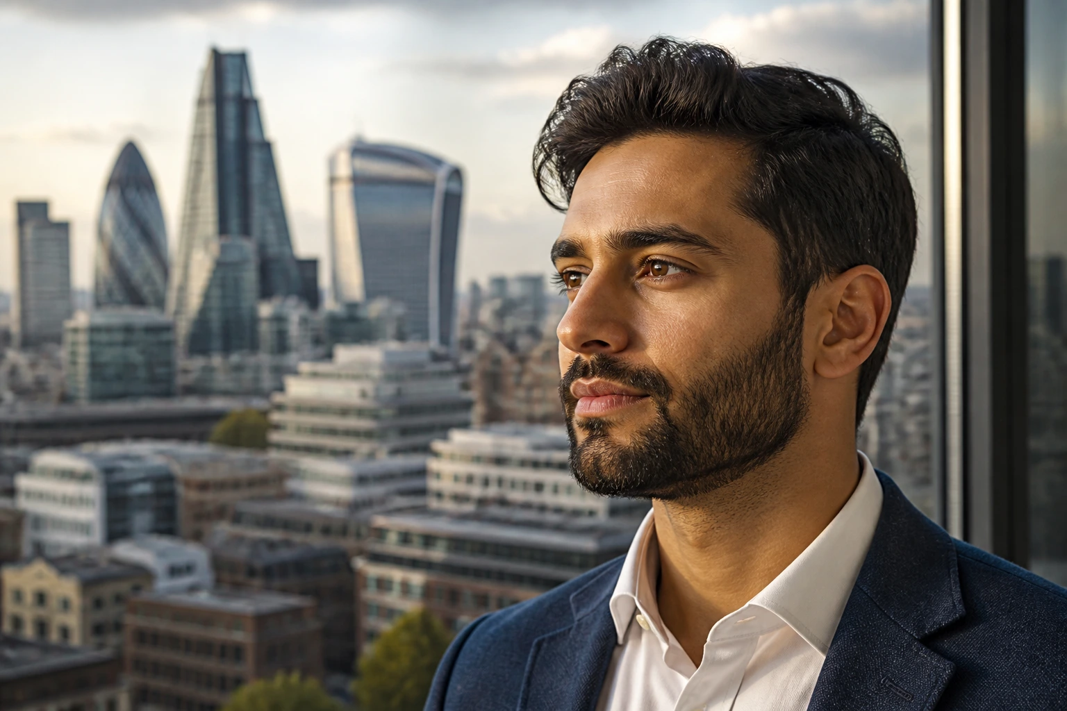 Close-up portrait of a thoughtful professional with a UK cityscape background