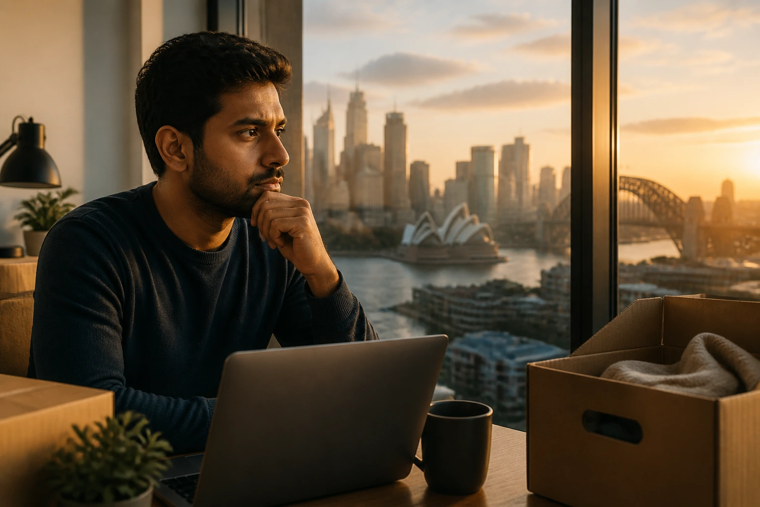 Professional contemplating relocation costs with city view