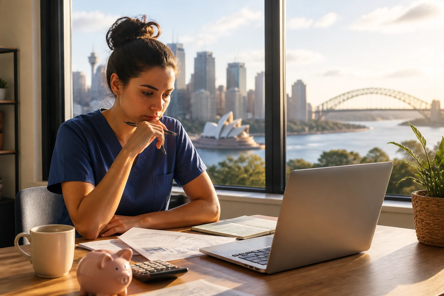 Person at desk contemplating finances with city view