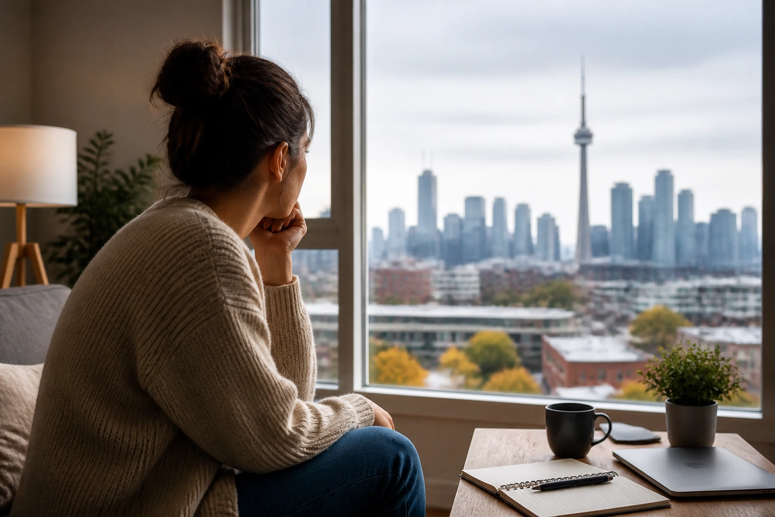 Thoughtful person gazing at city skyline from home to reflect relocation costs