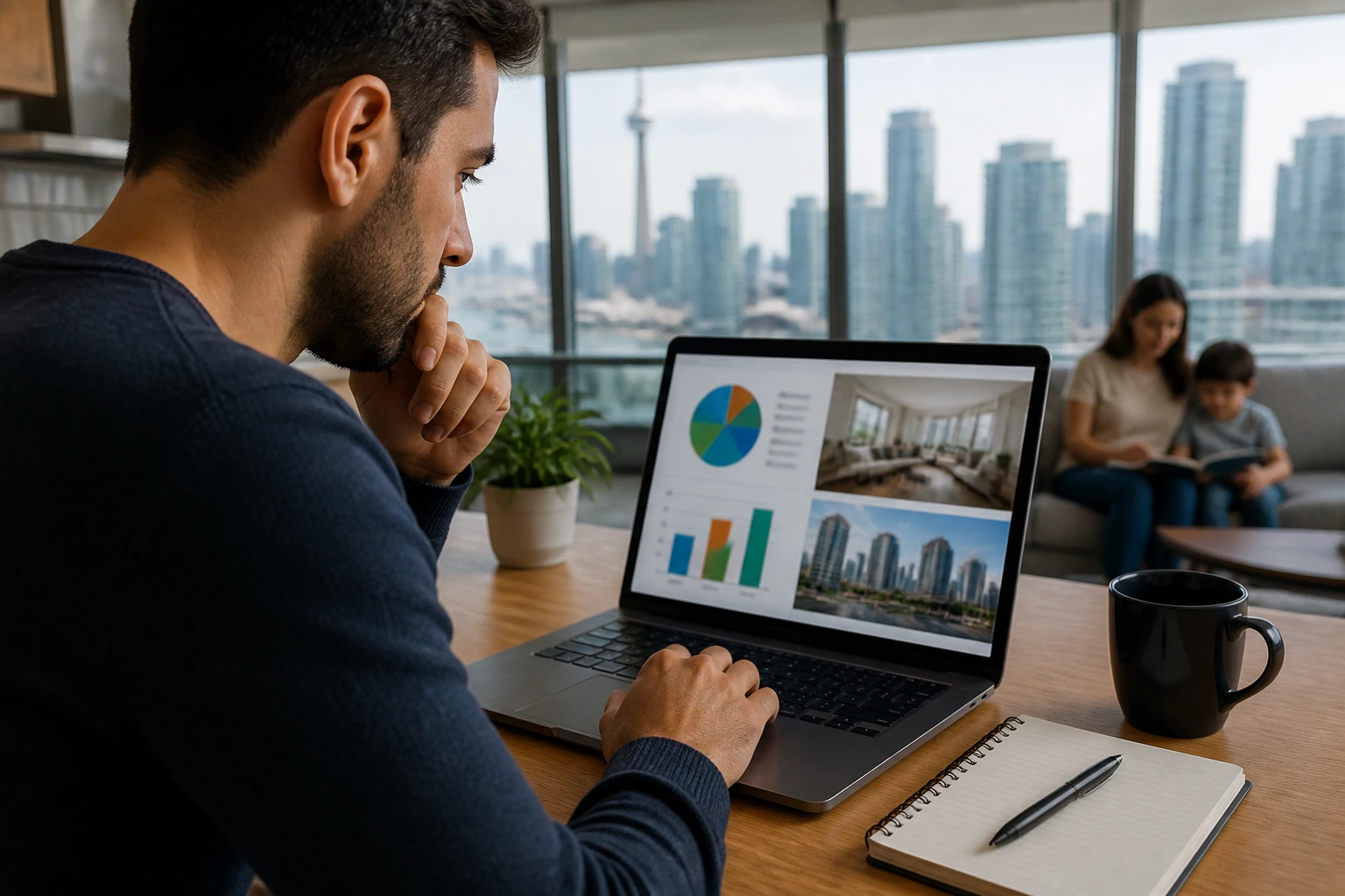 Person studying housing and living costs on a laptop in a bright apartment setting
