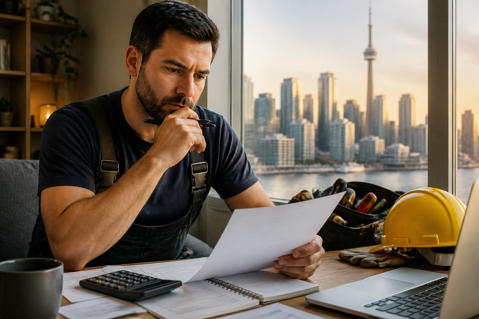 Portrait weighing living costs on CAD 75,000 with city backdrop
