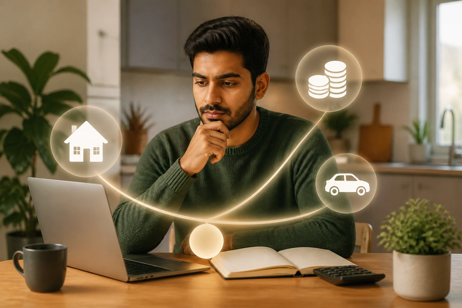 Thoughtful professional at kitchen table with laptop and budget icons
