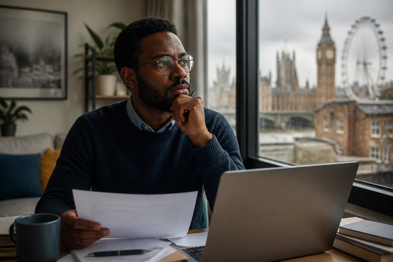 Close-up portrait of a lecturer considering UK living costs with city view