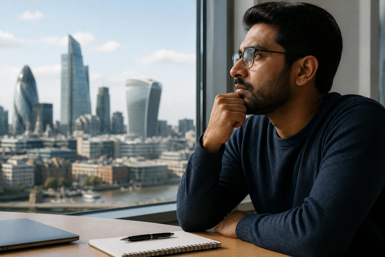 Thoughtful professional considering cost of living with city skyline view