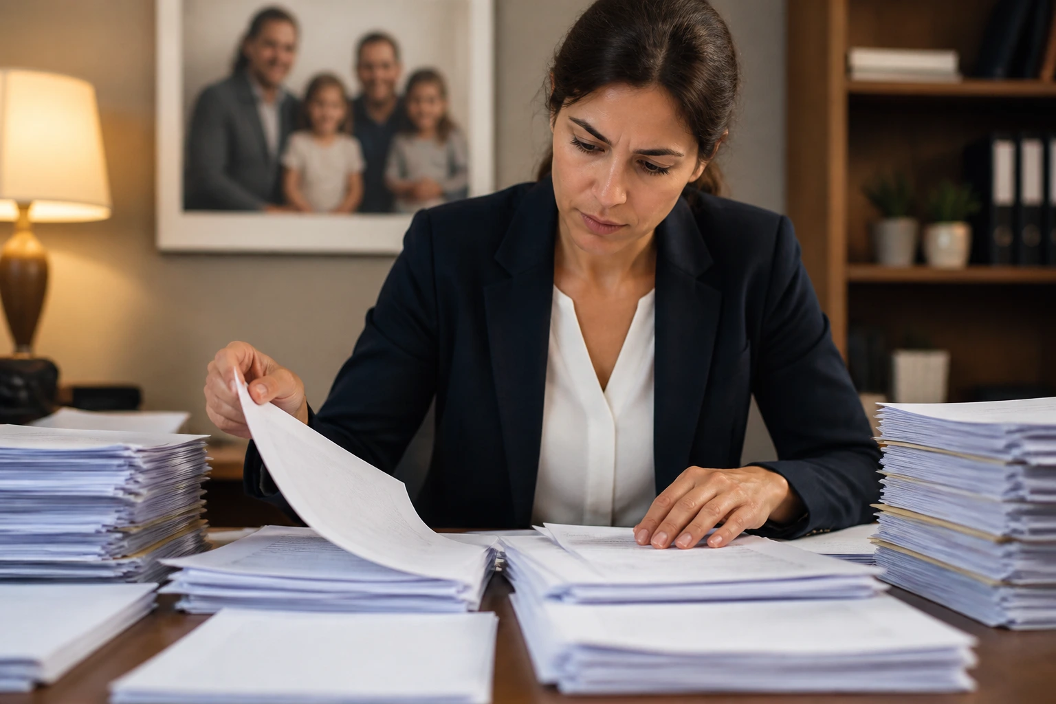 Close-up of a person at a desk with blank forms and a family portrait in the background