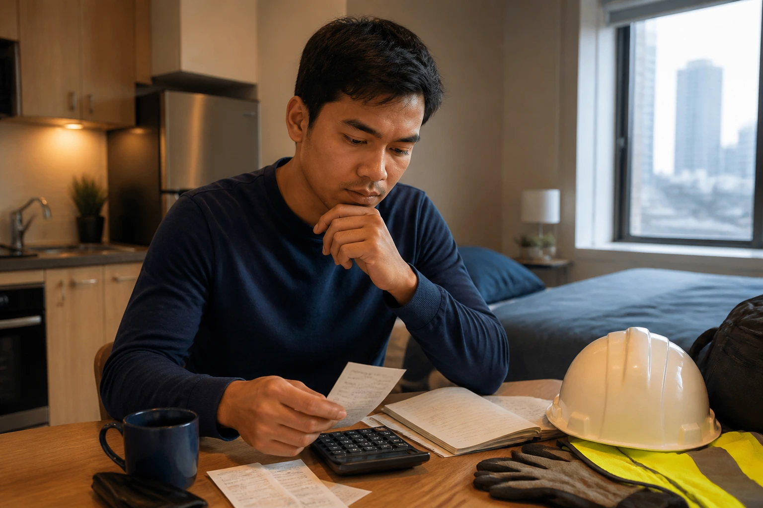 Person budgeting for housing and costs at a kitchen table with a calculator.