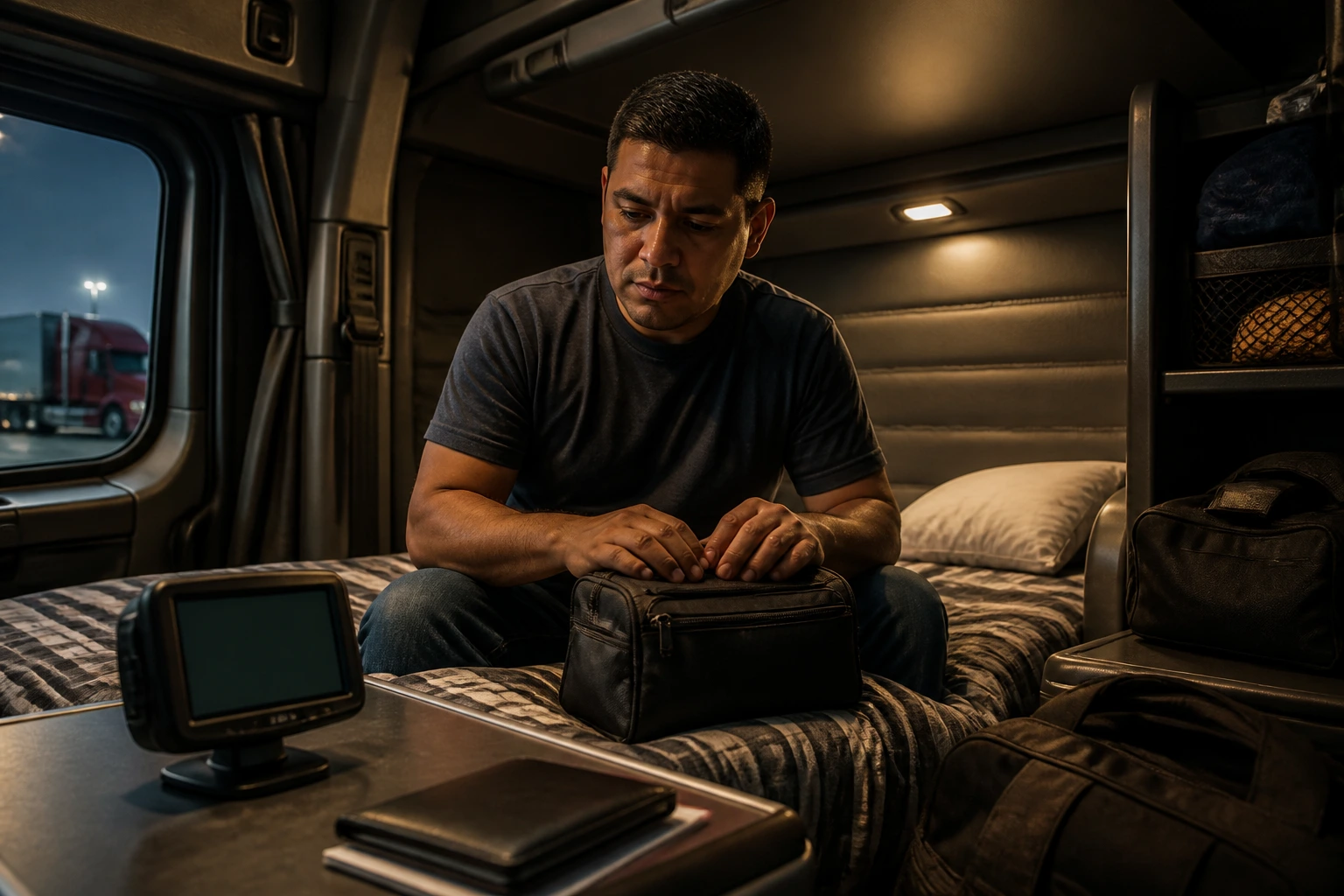 Close-up of a truck driver in a sleeper cab packing a bag with a GPS on the table