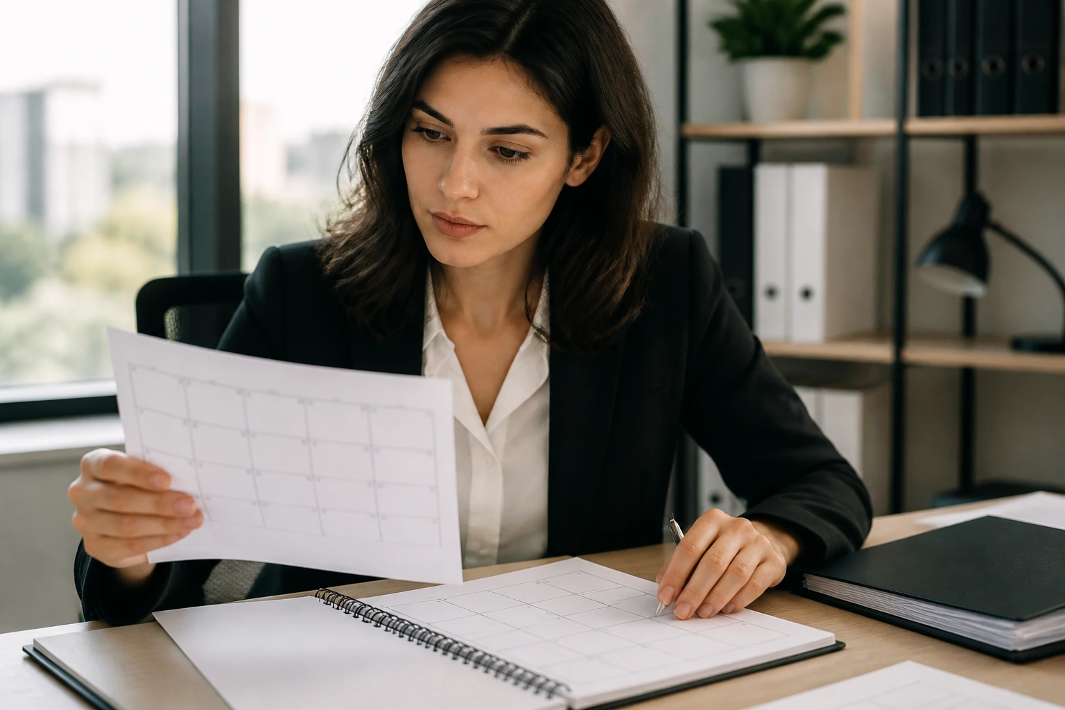 Close-up of a professional reviewing a blank calendar and documents