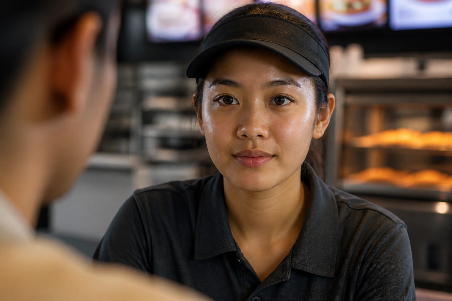 Close-up portrait of candidate at counter interview setting