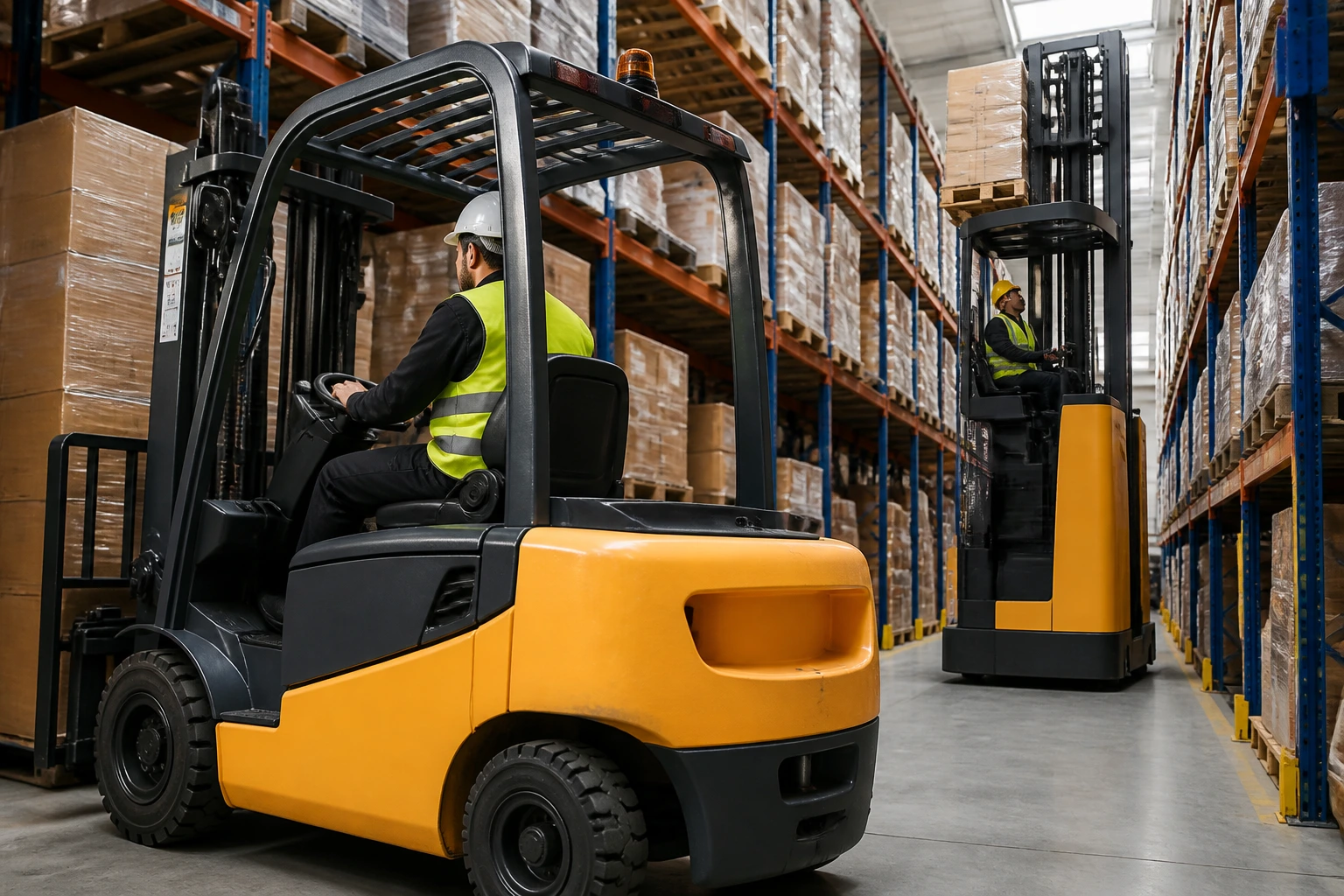 Counterbalance forklift with reach truck in background in a warehouse