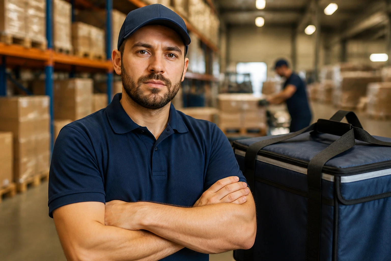 Courier in a warehouse highlighting differences from app-based work