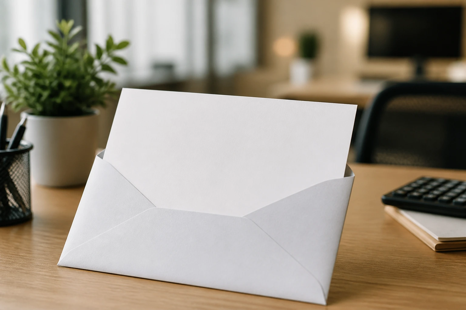 Blank cover letter protruding from envelope on desk, no text visible