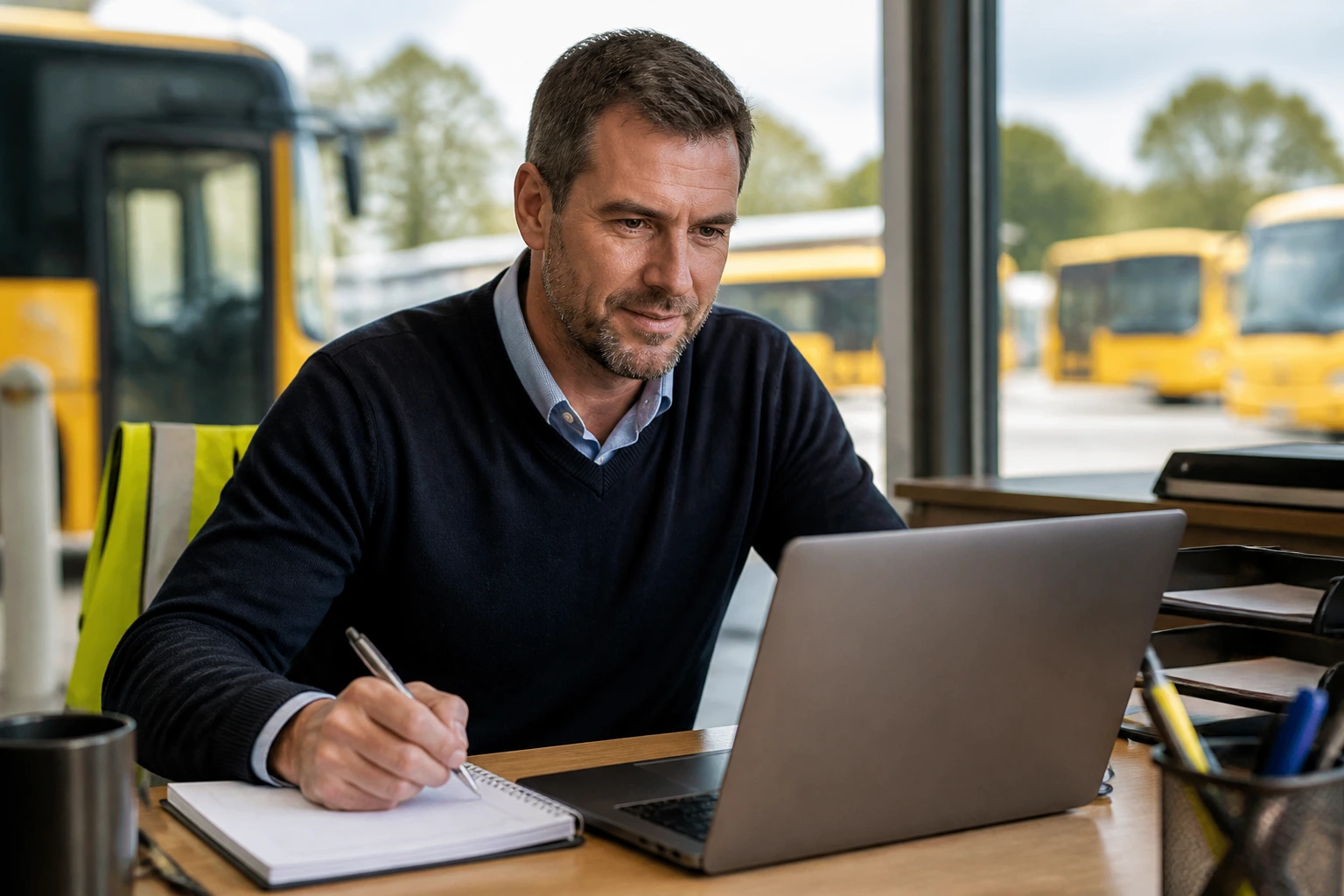 Portrait of a bus driver in an office preparing a cover letter