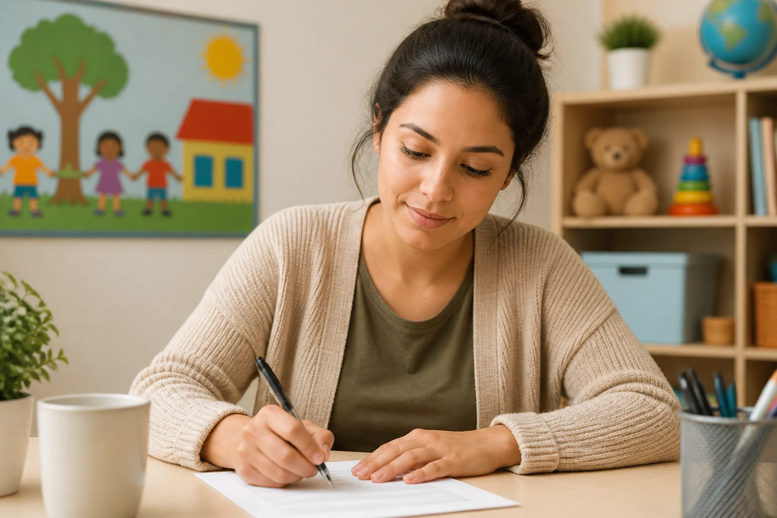 Portrait of a caregiver writing a cover letter at a desk in a learning space.