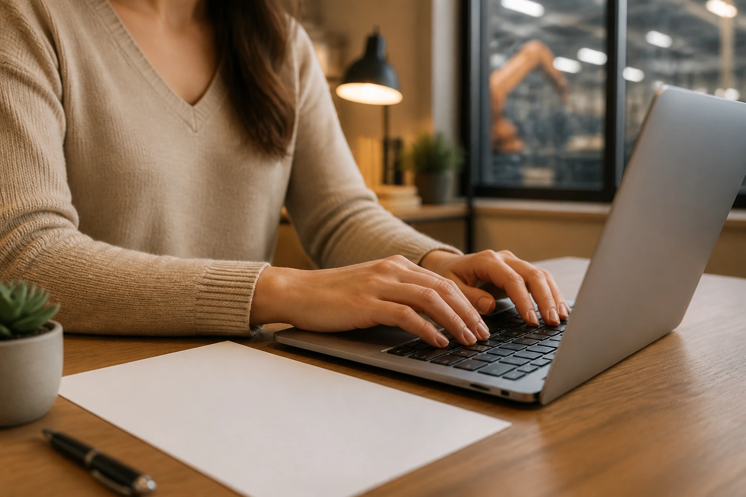 Hands typing on a laptop with a blank sheet of paper on a clean desk